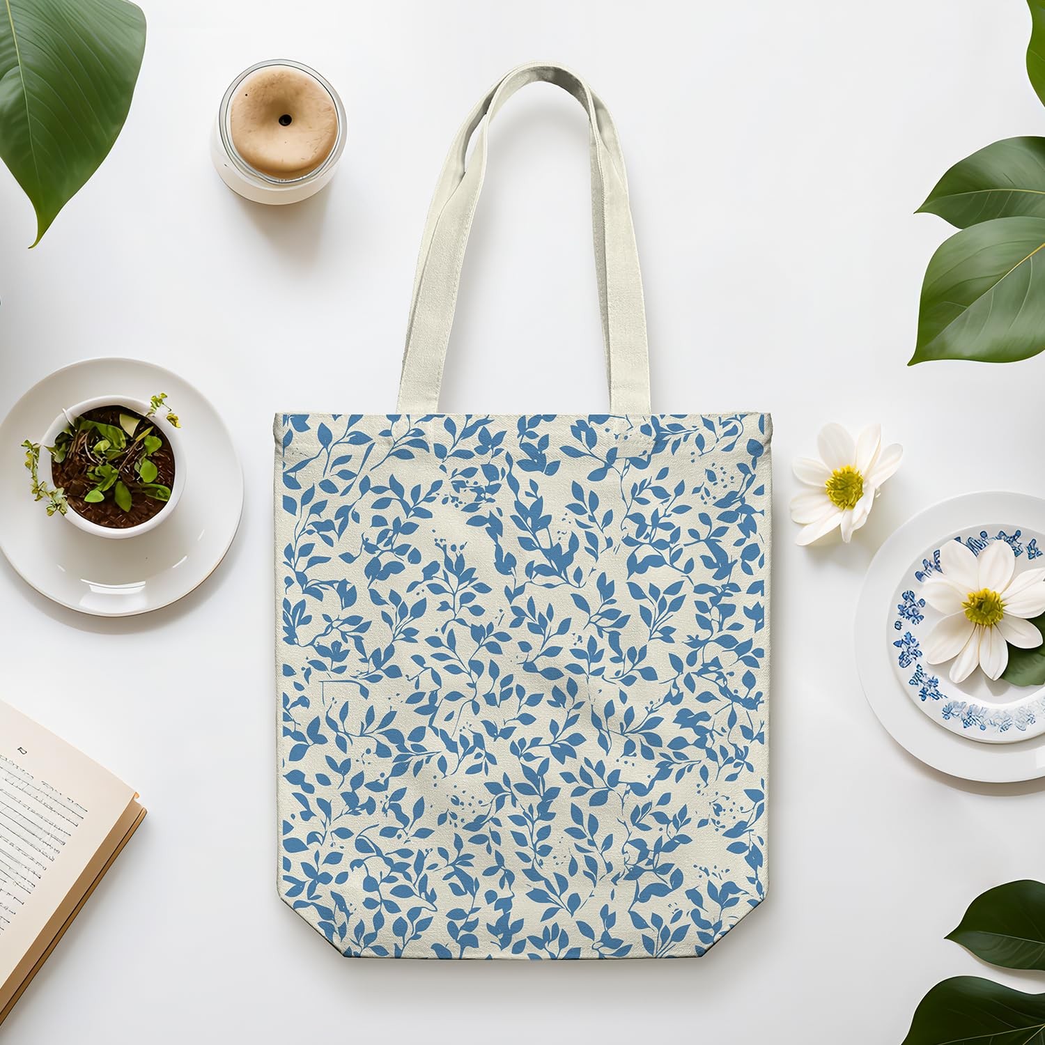 Canvas Tote Bag for Men and Women, Tote Bag With Zipper Pocket Blue Leaf Thic…