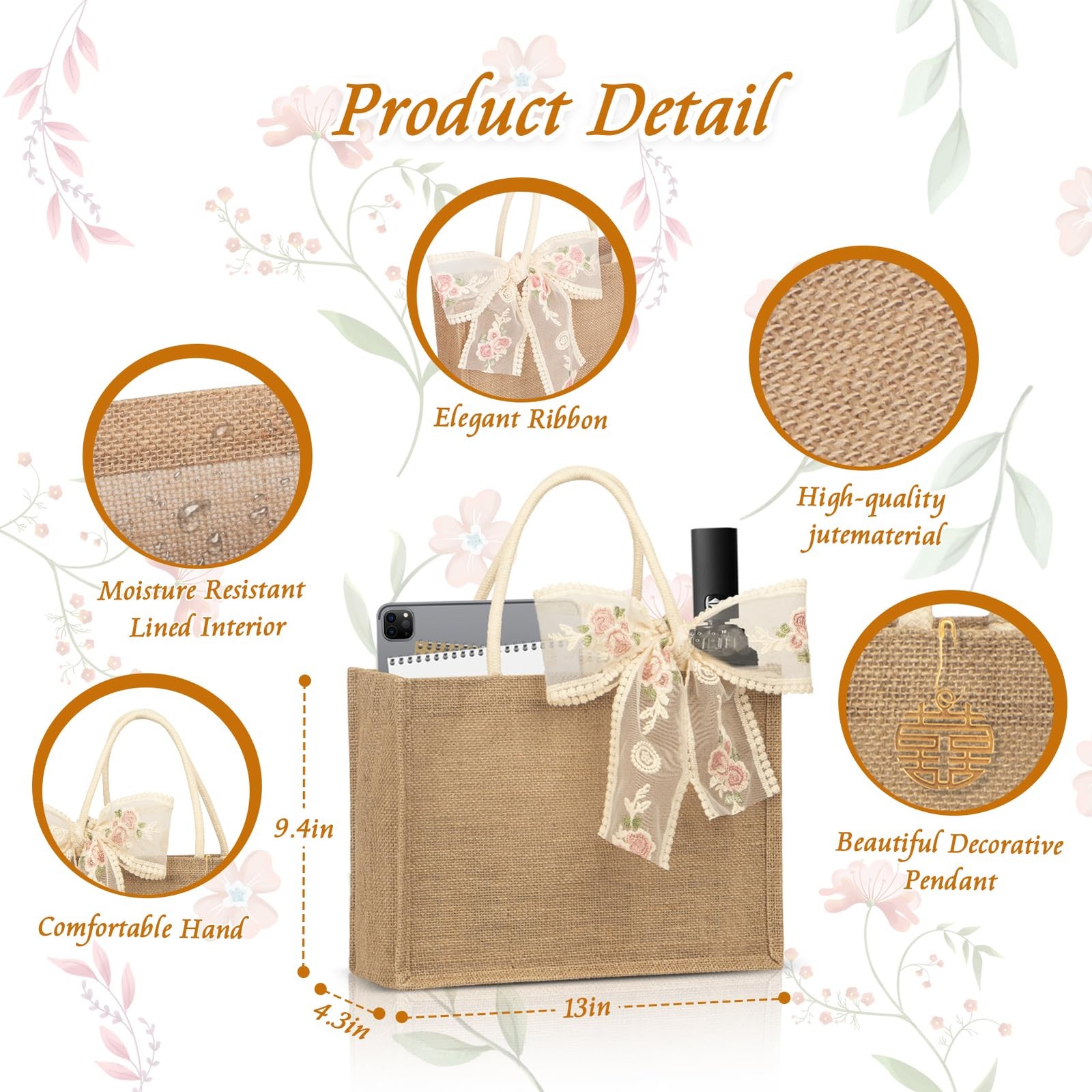 3 PCS Reusable Burlap Jute Tote Bags PE Lined WaterResistant 13x9x5 Inch