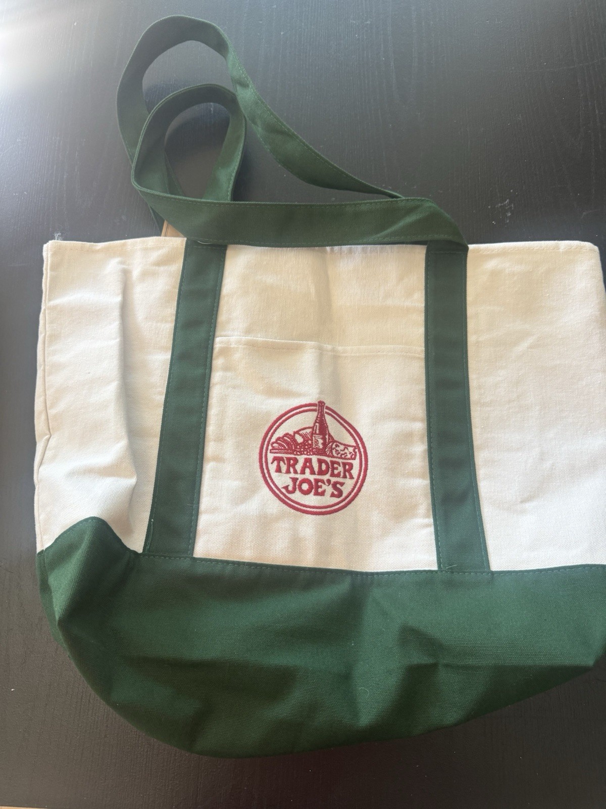 Trader Joe’s Reusable Canvas Tote Bag Beige Green Solid Plain Shopping Grocery