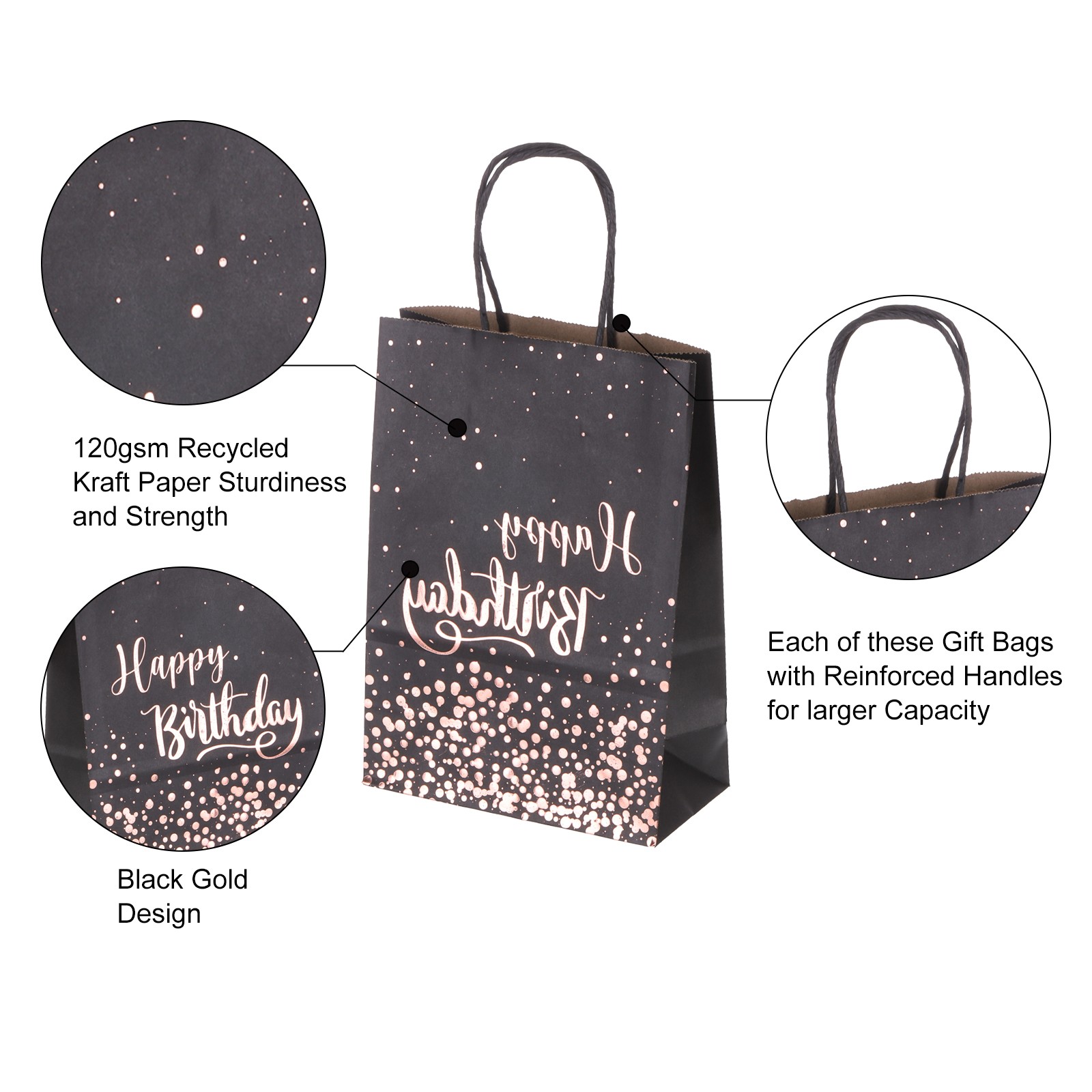 24Pcs Kraft Gift Bags with Handles Bulk, Black Rose Gold Party Favor Bags