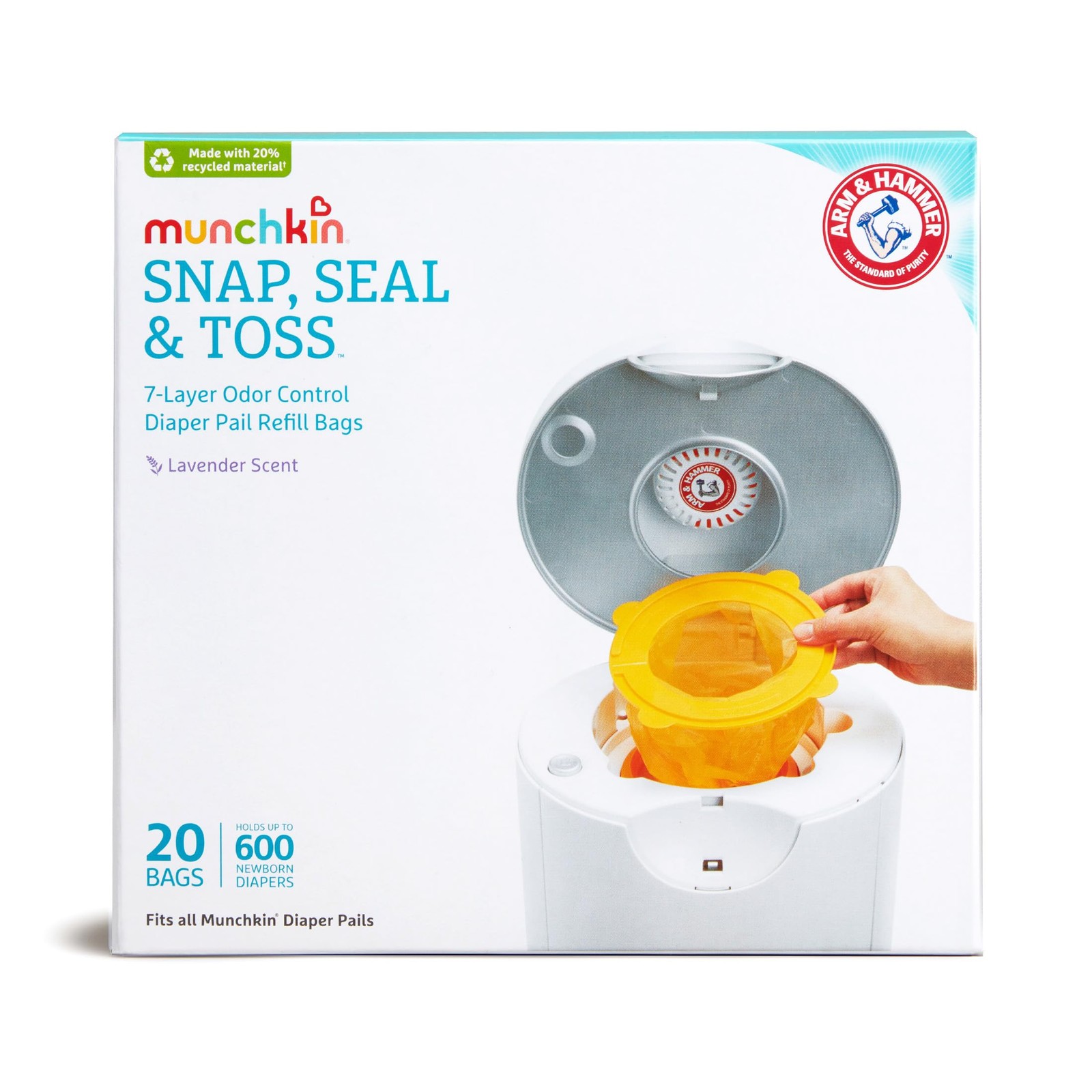 Munchkin Arm & Hammer Diaper Pail Refill Bags, 20 Count (Pack of 1), White