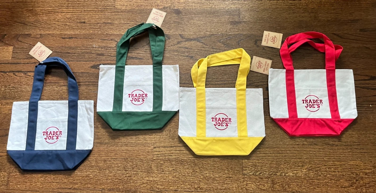 Trader Joe’s Set of 4 (Blue, Green, Yellow, Red) Mini Canvas Tote Bag NWT