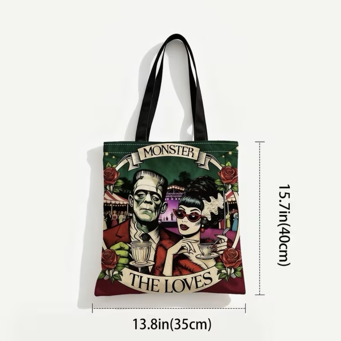 1pc Double-Sided 2D Flat Printing Shopping Tote Bag, Vintage Monster Love