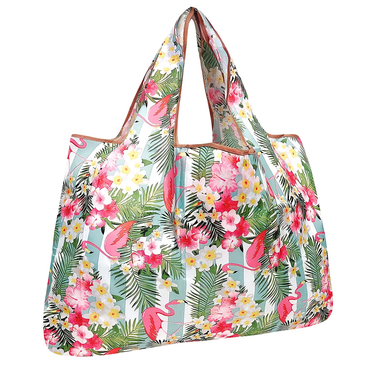 Large Flamingo Tropical Flowers Tote Bag Reusable Eco Friendly Foldable 44lbs