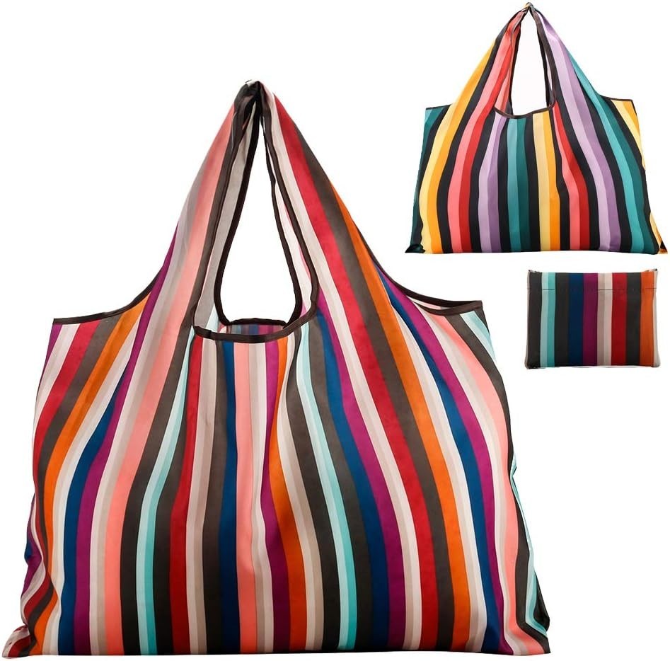 Washable and Eco-Friendly Reusable Grocery Totes – 2-Pack Rainbow Foldable Bags
