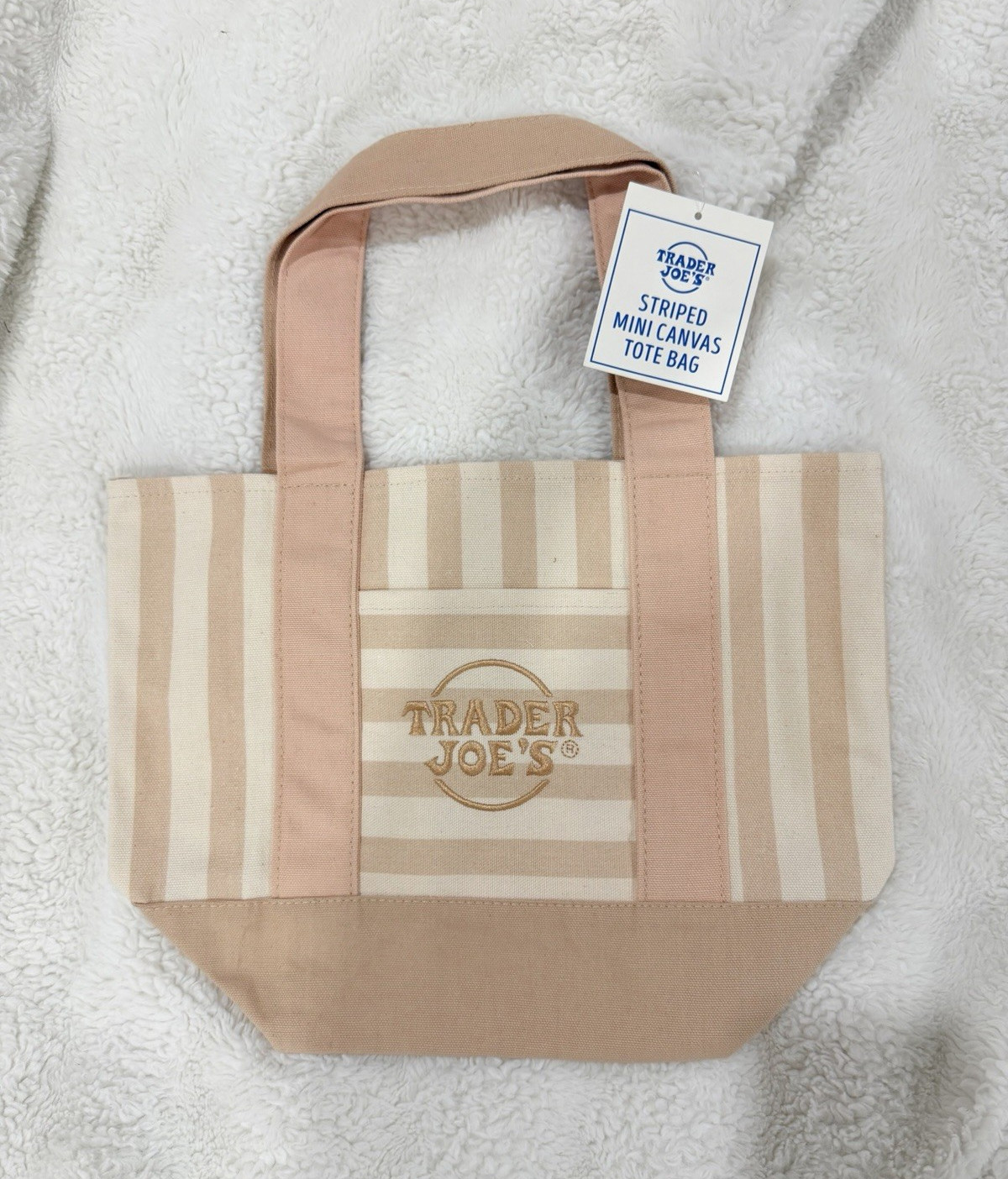 Trader Joe’s Striped Mini Canvas Tote Bag Beige Canvas 13x6x11 in