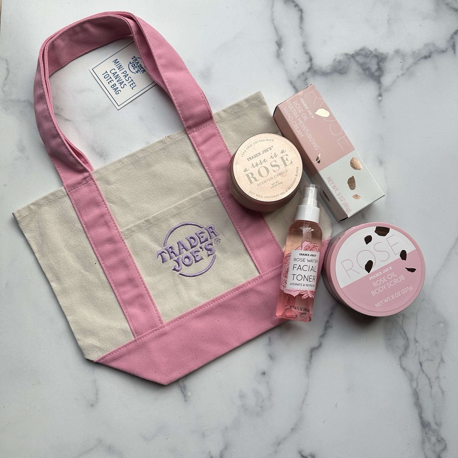 Trader Joe’s Canvas Tote Bag Gift Pink Rose Hand Cream Candle Face Toner Scrub