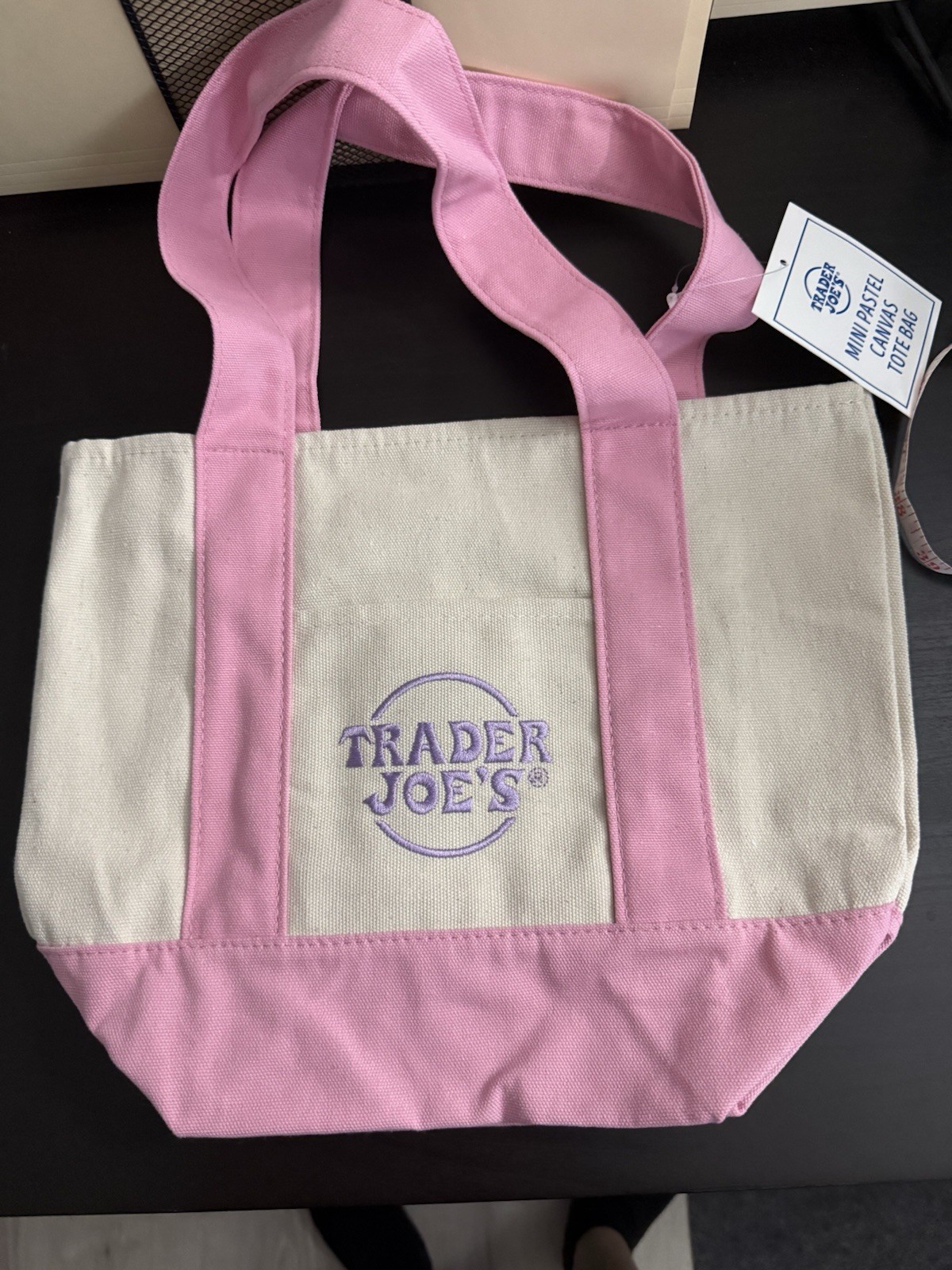 Trader Joe’s Mini Pastel Tote Bag Cotton Polyester Pink Beige Small Foldable