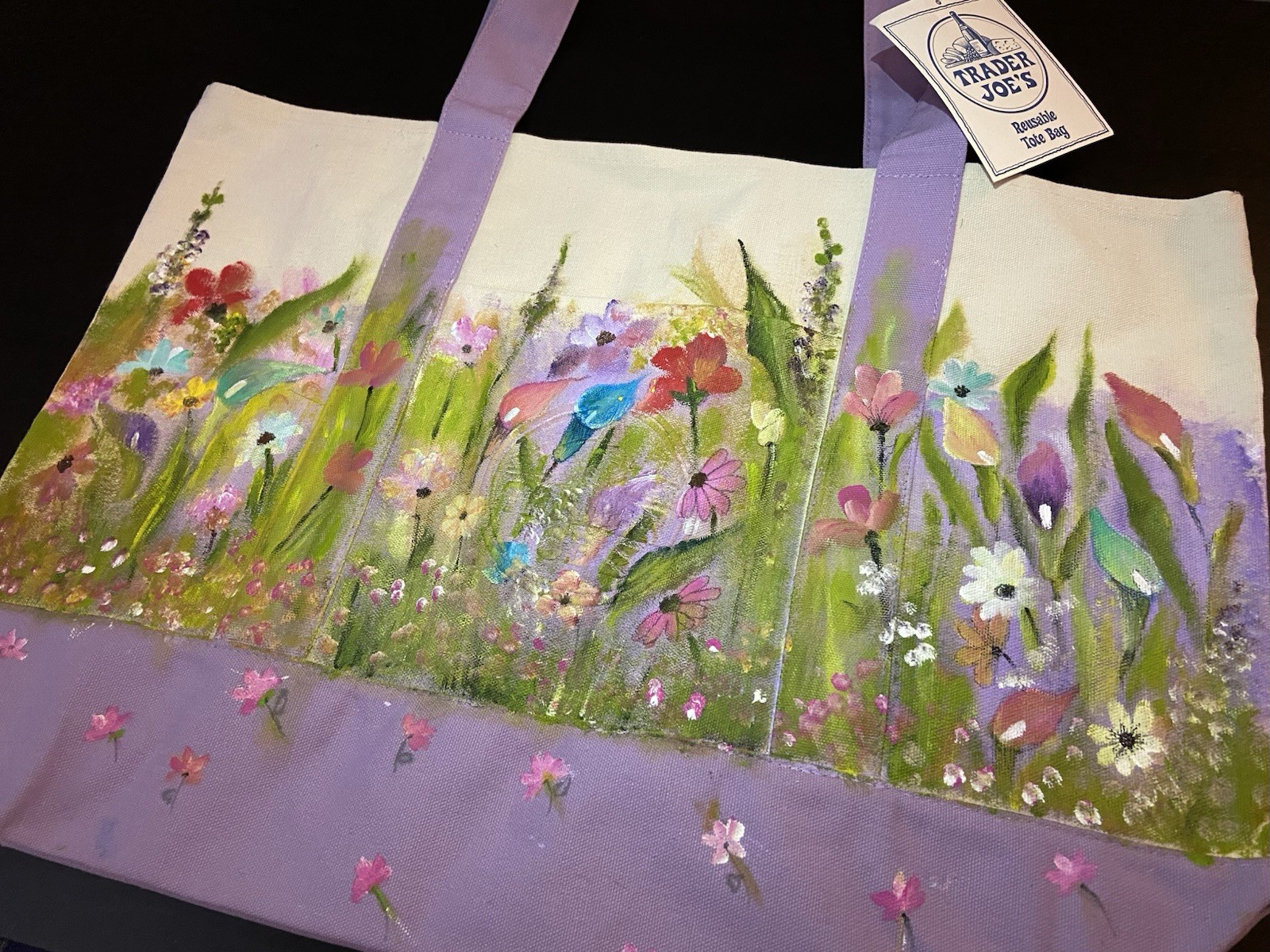 Trader Joe’s Canvas Tote Bag Floral Design Hand Painted LARGE Tote NEW!