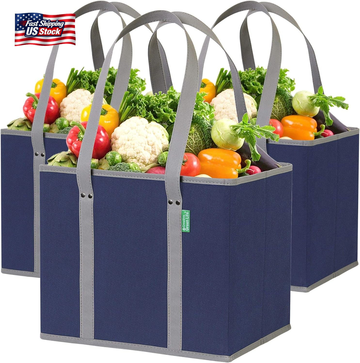 Reusable Grocery Bags (3 Pack) – Heavy Duty Reusable Shopping Bags with Box Shap