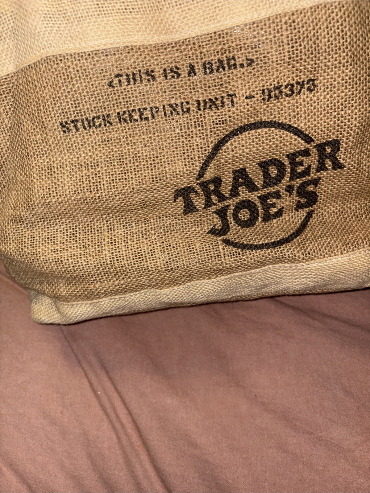 Trader Joe’s Stock Keeping Unit -95375 Jute Plastic Coated Lining Tote Bag