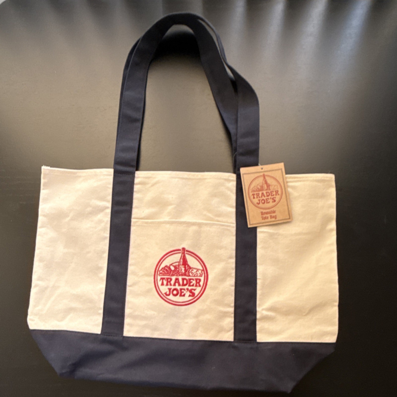 Trader Joe’s Reusable Tote Bag Foldable Cotton Polyester Beige Navy Blue