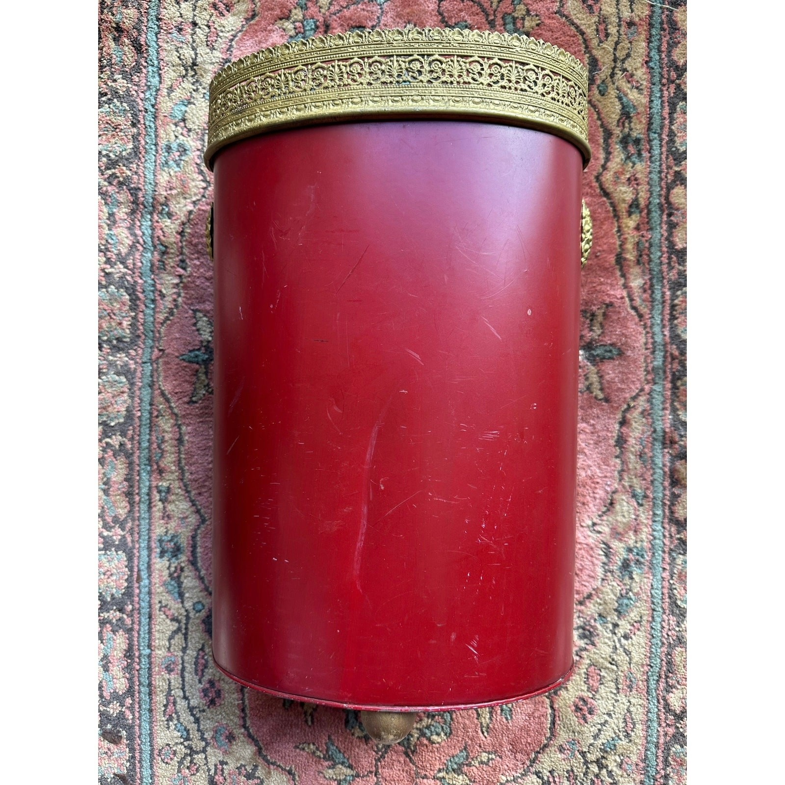 Vintage Hand Painted Trash Can Metal pagoda Chinoiserie tole burgundy red gold