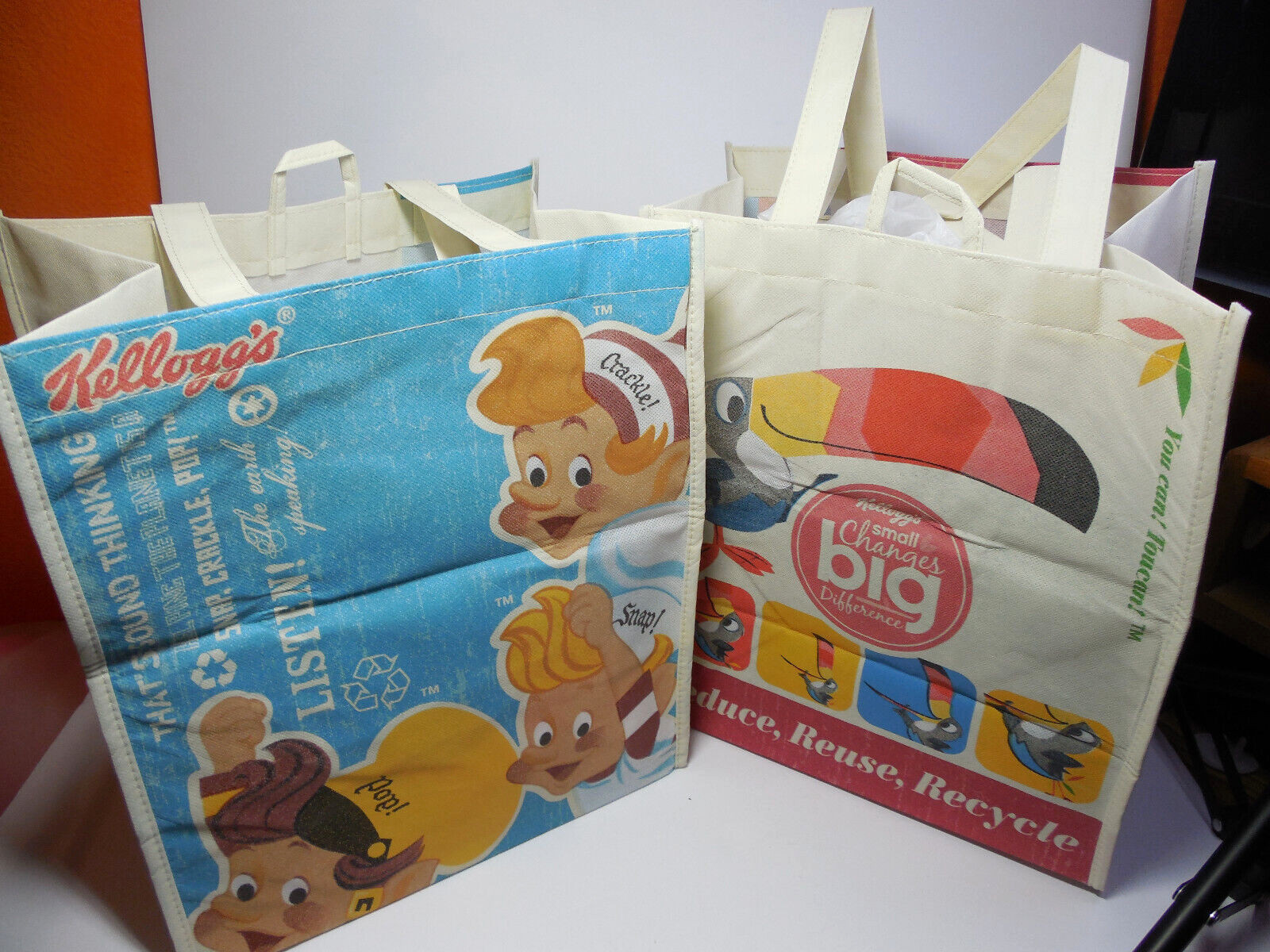2 – 2012 Kelloggs Cereal Toucan Snap Crackle Pop Reduce Reuse Recycle Bags