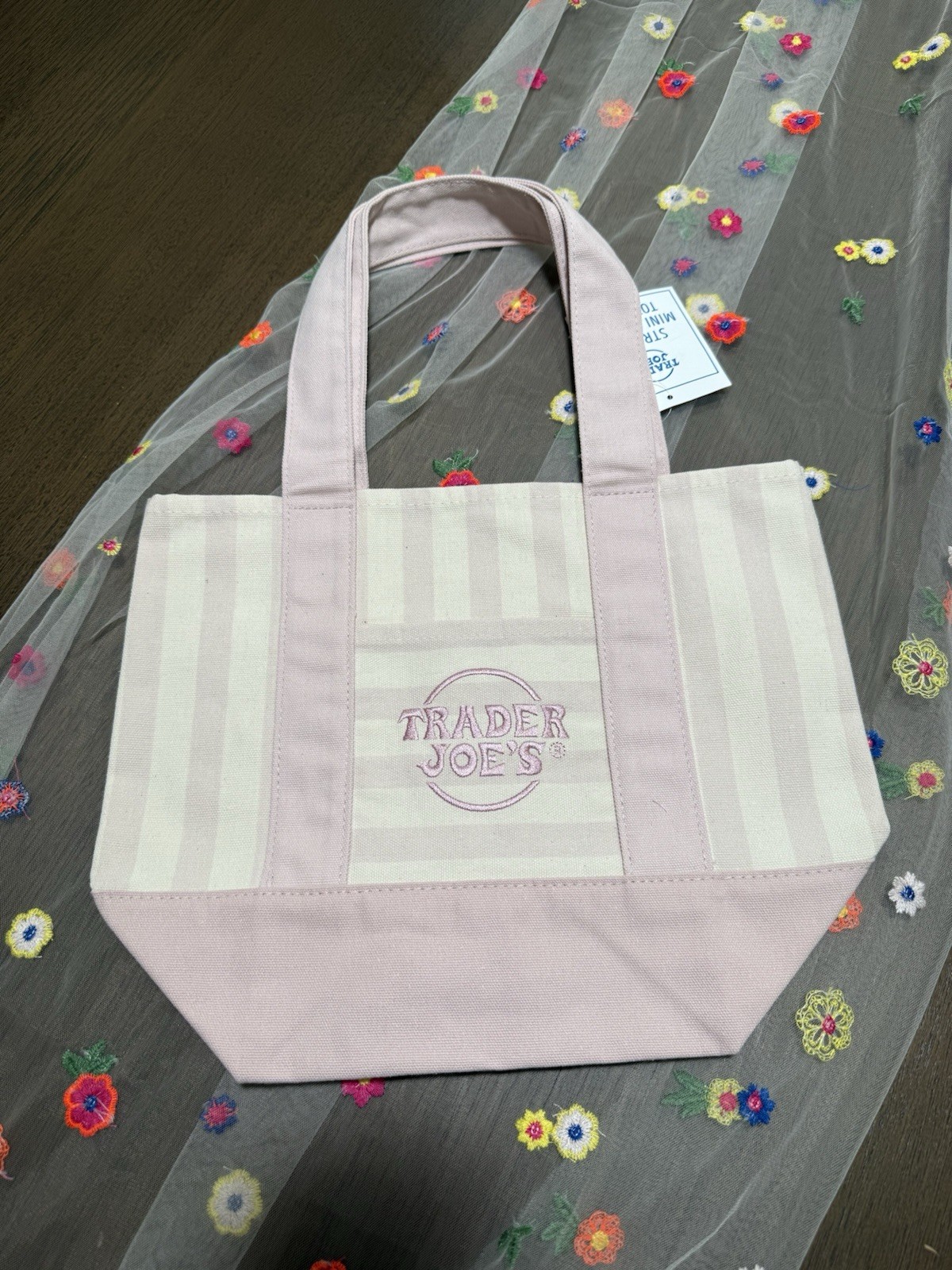 Trader Joe’s Striped Mini Canvas Tote Bag Pink/White 13x6x11 in New