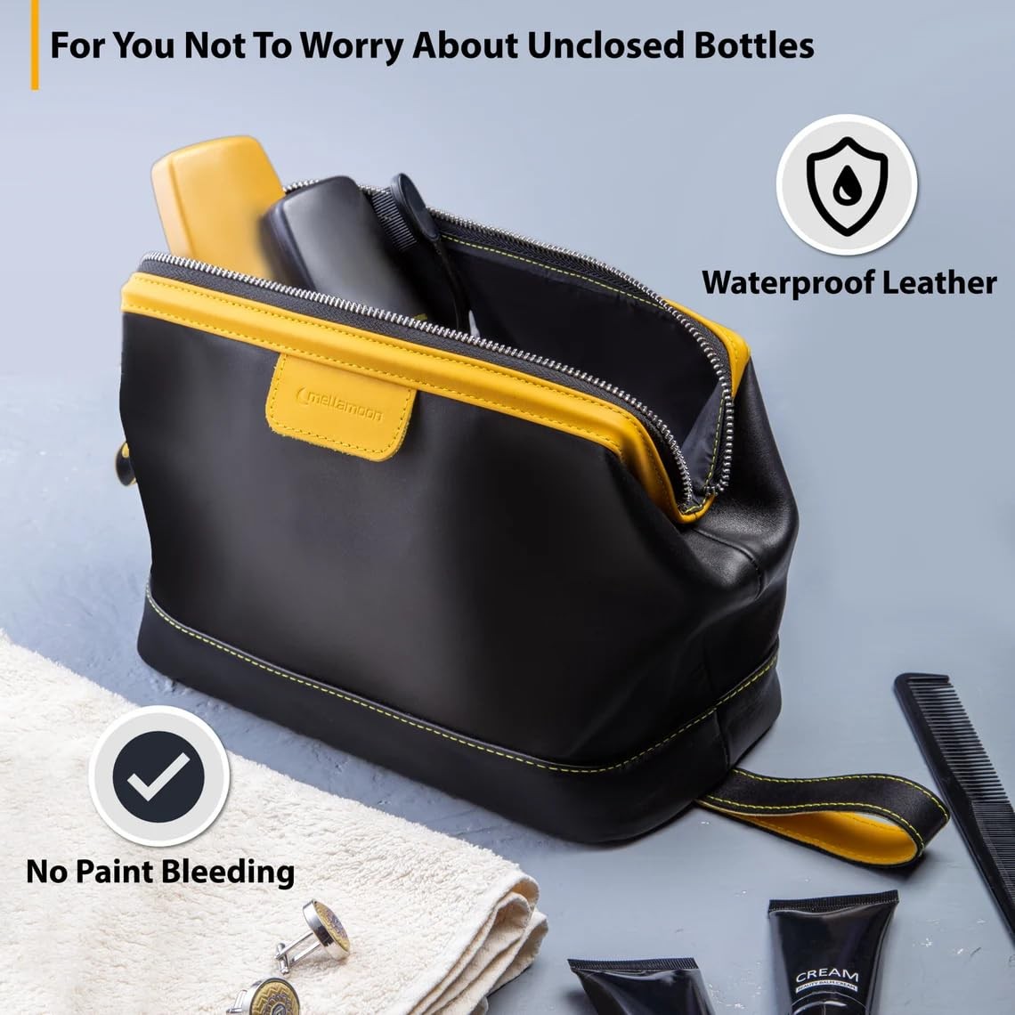 Genuine Leather Toiletry Bag for Men & Women – Large Waterproof Travel Black