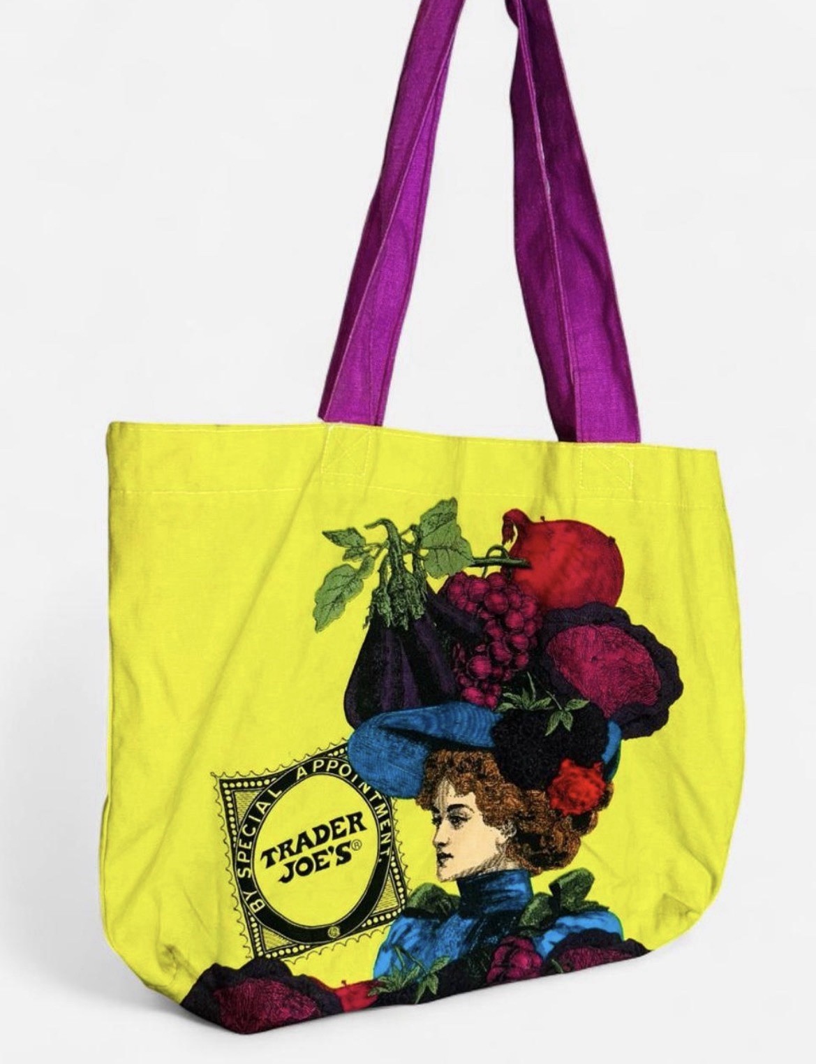 Trader Joe’s Rare Reusable Cotton Tote Bag Double Handles Yellow/Purple 16x11x6″