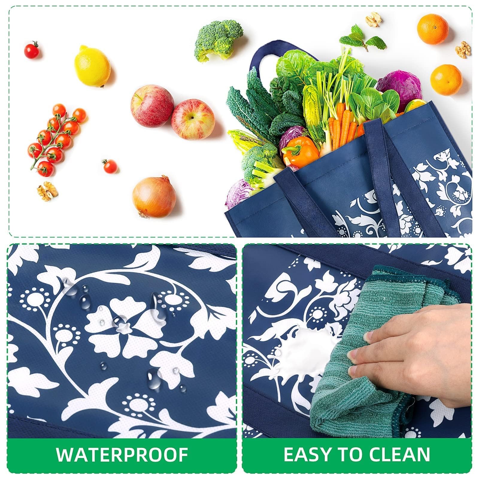 WOWBOX Reusable Grocery Bags Foldable Tote Bulk with 4-pack, Blue