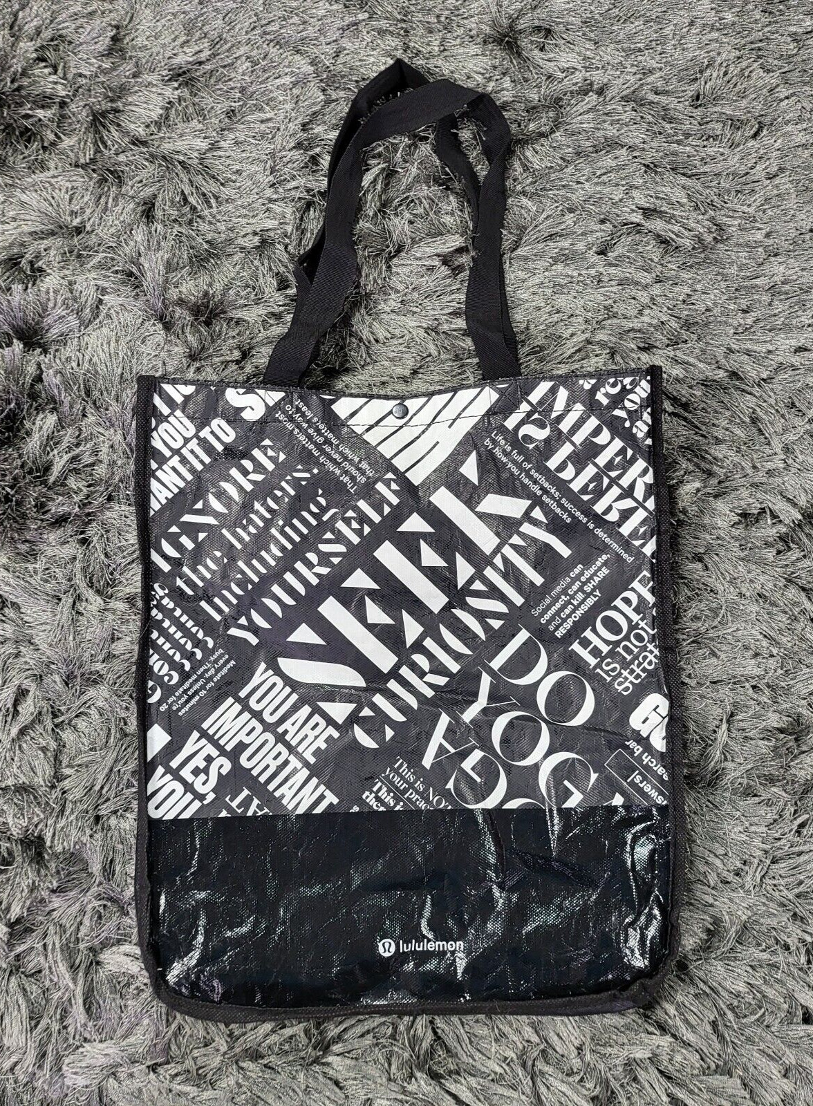 Lululemon Reusable Shopping Gym Tote Bag 16 x 13″ Black White Motivational Print