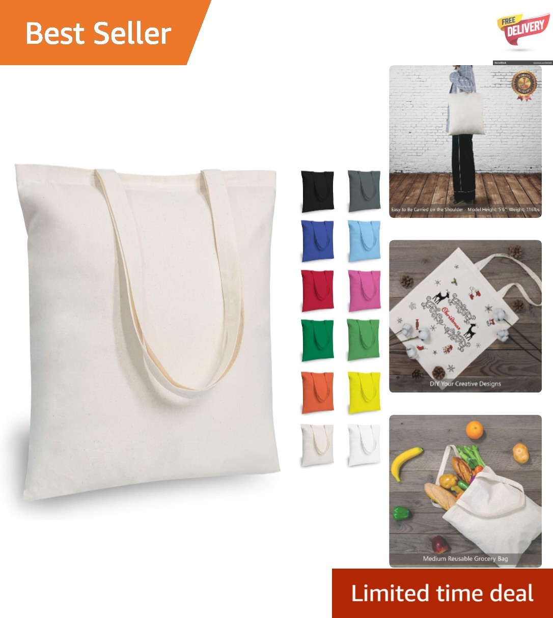 Lightweight and Stylish 5-Pack Cotton Reusable Grocery Bags – Customize Your Way