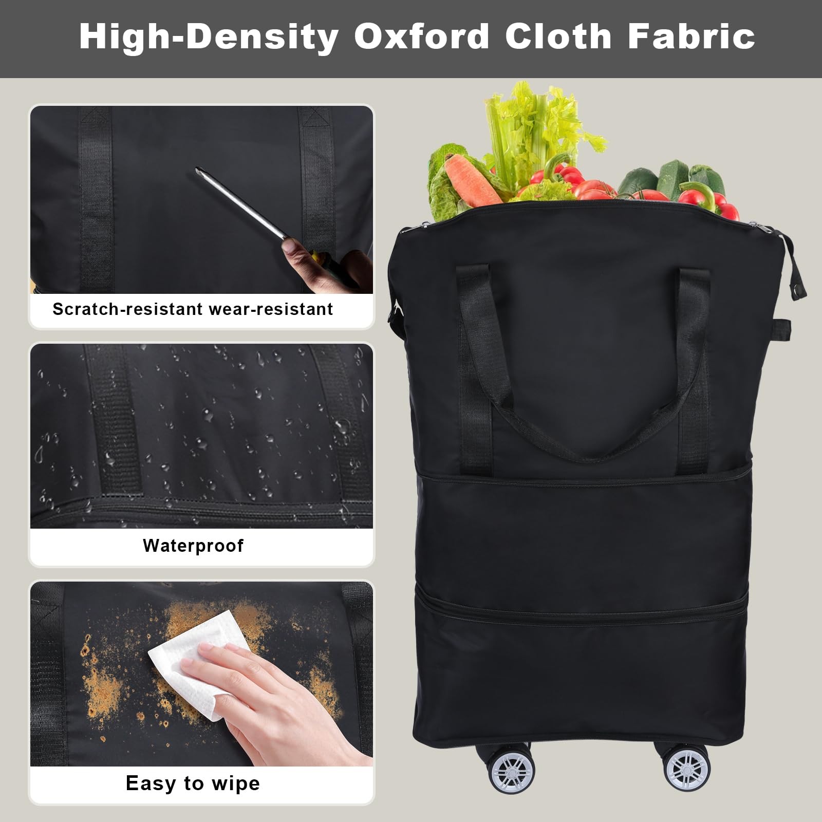 Reusable Grocery Bag on Wheels Shopping Bag with Wheels, Detachable Roller Tote