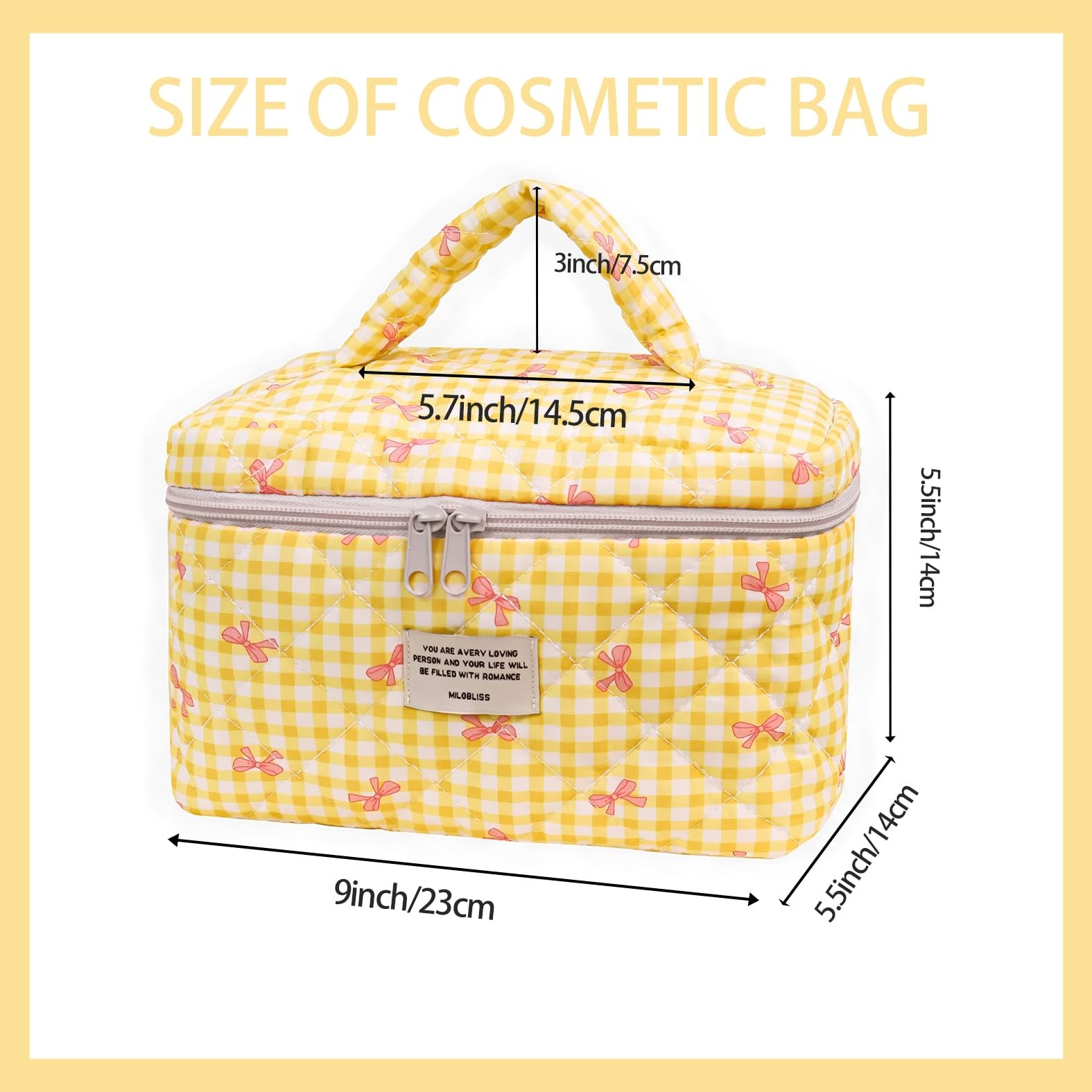 Yucenora Large Travel Quilted Makeup Bag, Cute Bow Cotton cosmetic Yellow