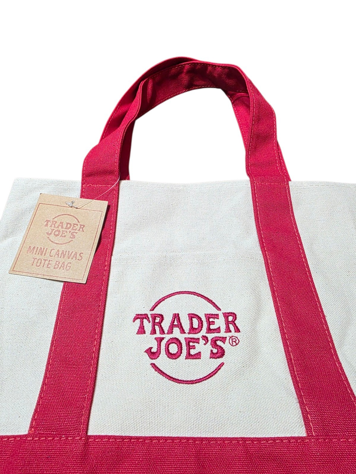 Trader Joe’s Mini Canvas Tote Bag Cream & Red Grocery Shopper Reusable New W/Tag