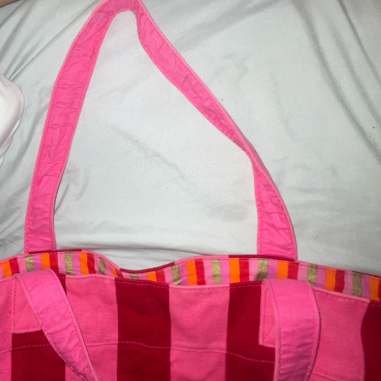 Victoria’s Secret Pink/Red Striped Tote Reusable Shopping Bag Double Handles