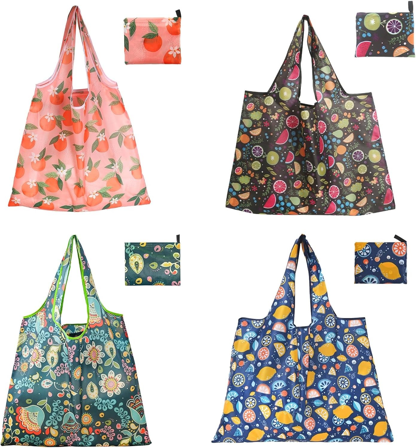 4 Pack Foldable Reusable Shopping Bags,Tote Bags,Travel Grocery Bags W/ Hook in