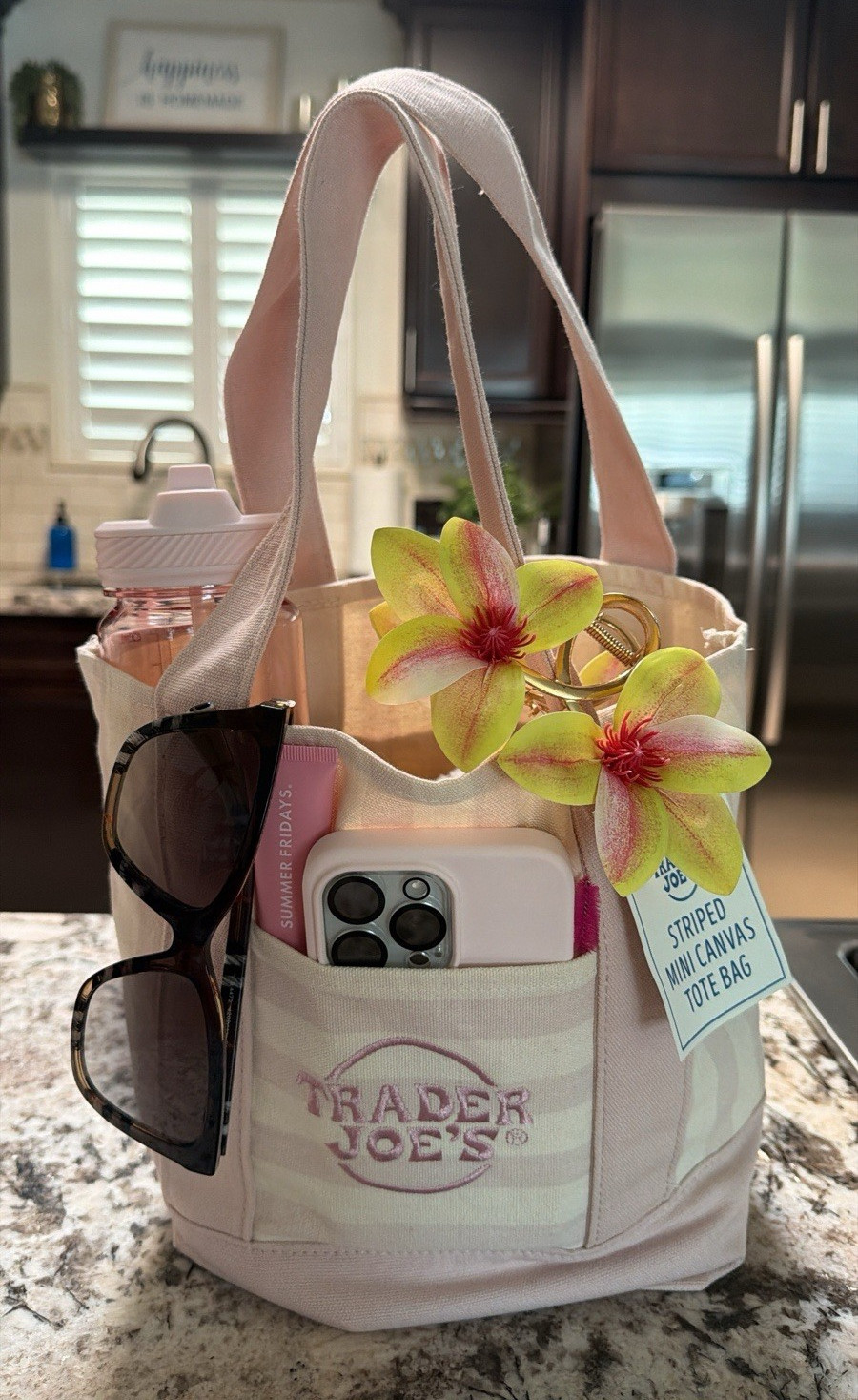 Trader Joe’s Striped Mini Canvas Tote Bag Pink/White 15x12x14 in Reusable