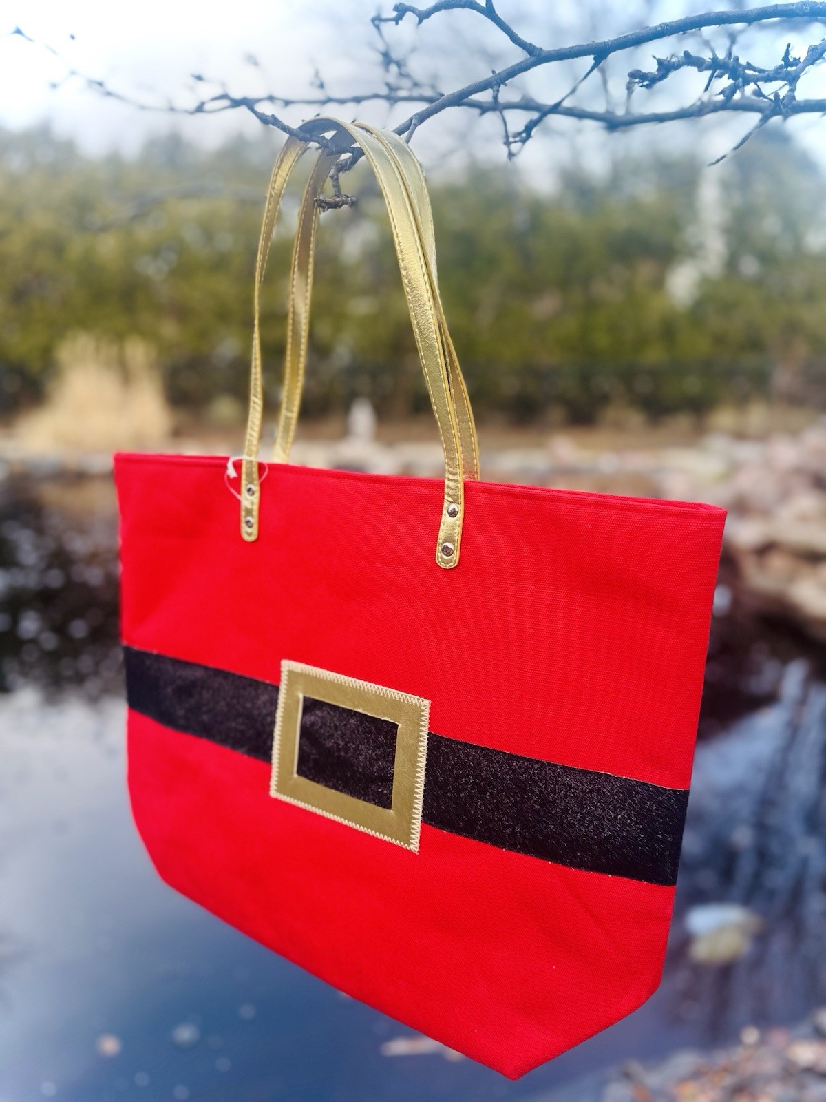 Red Santa Belt canvas unique tote with Gold Handles.