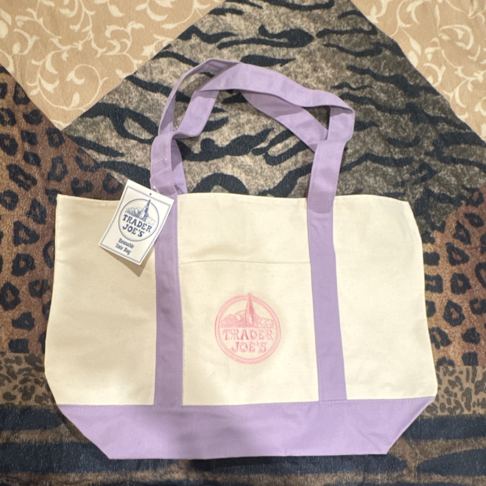 Trader Joe’s Reusable Tote Bag Cotton Polyester Beige Purple Colorblock Foldable
