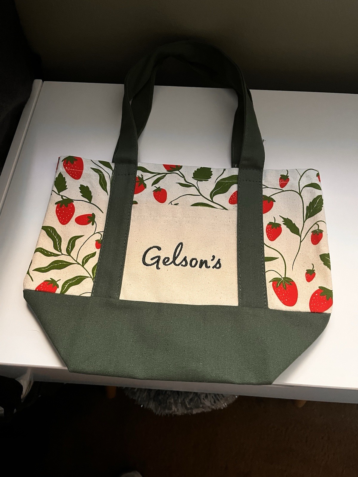 Gelson’s Reusable Strawberry Print Tote Shopping Bag Green & Beige