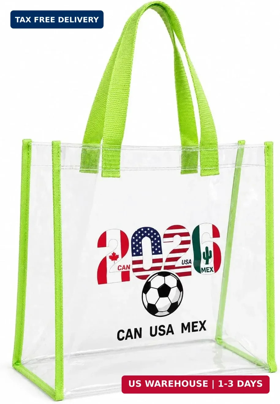 Soccer Sport Fan Tote Bag 2026 World Cup CAN USA MEX Transparent Green Tote Bag