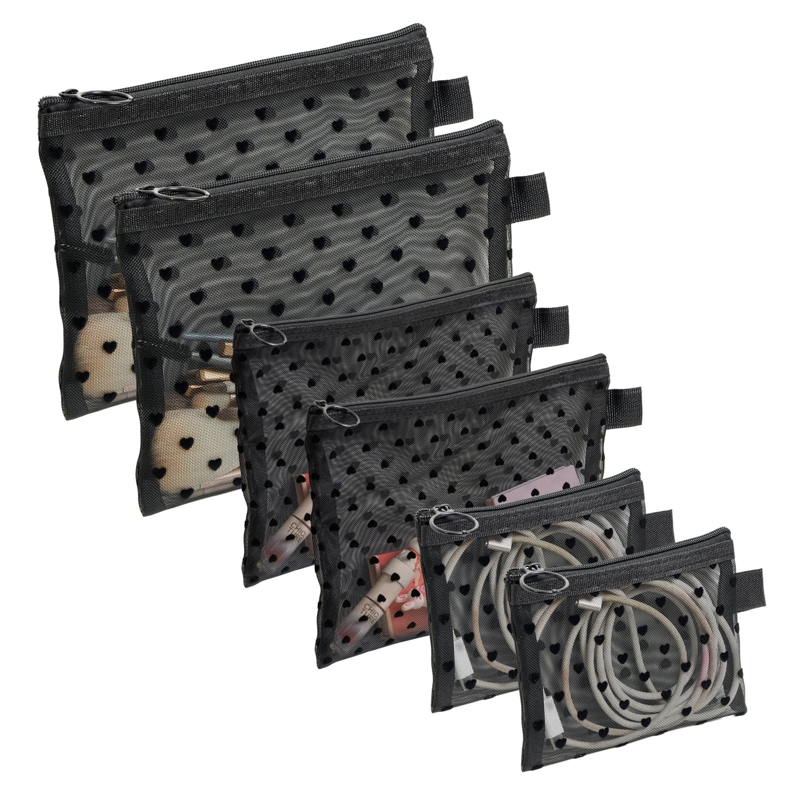 Ymcafmo 6-Piece Heart Printed Mesh Makeup Bag Set – Small Pouches for Black