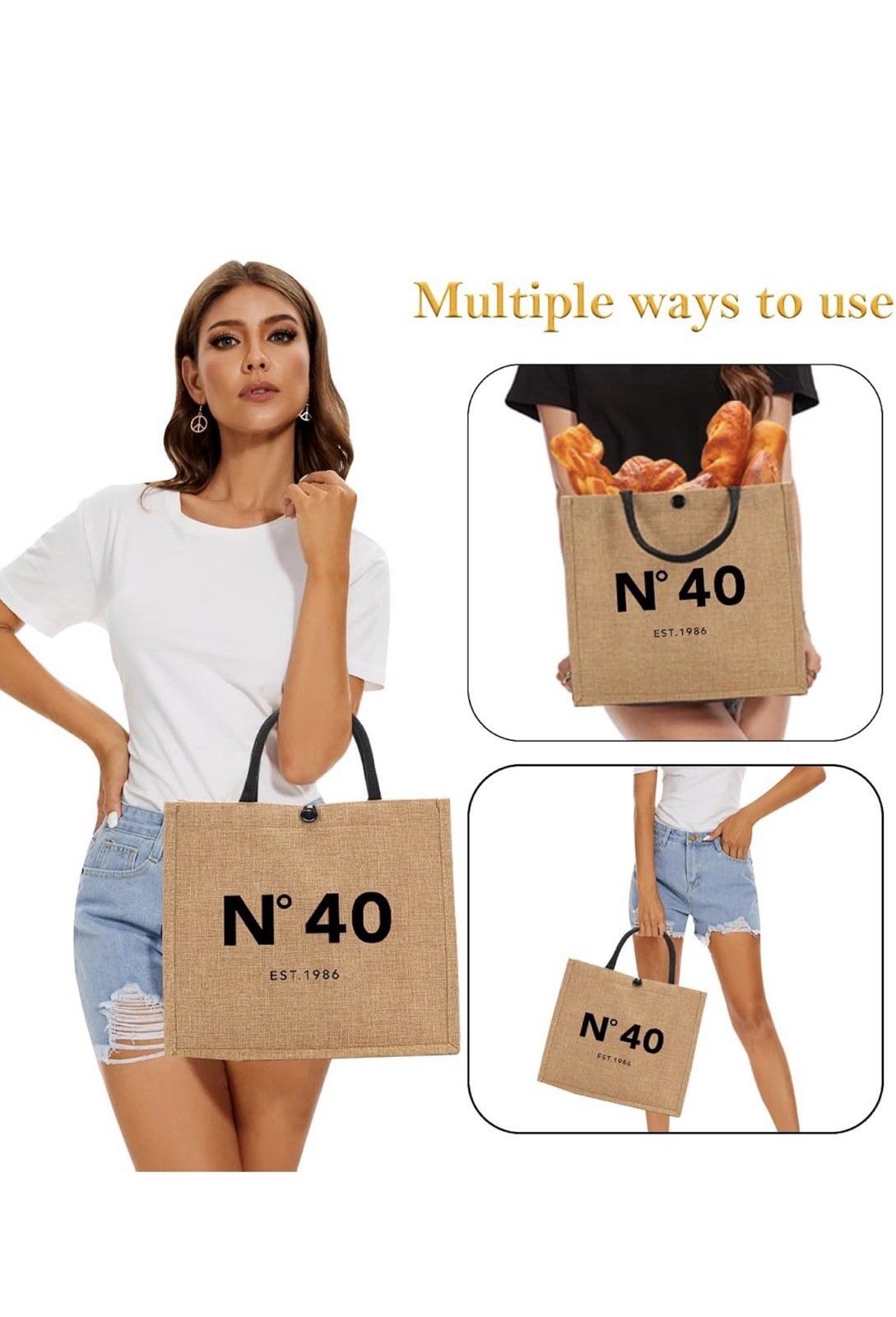 N° 40 Jute Reusable Tote Bag Waterproof Inner Pocket 14x12x5 in