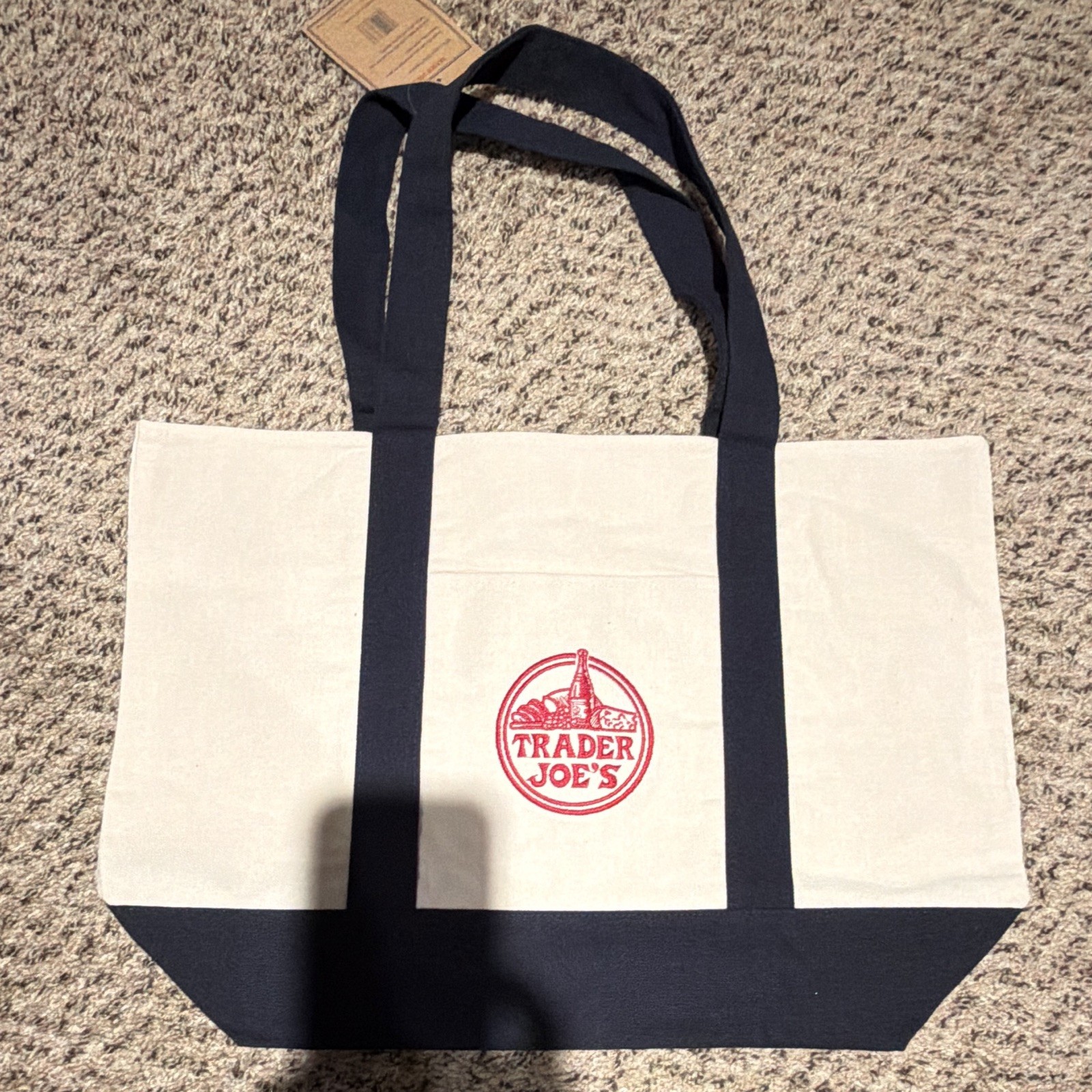 Trader Joe’s Canvas Reusable Shopping Tote Bag Beige/Navy Logo 20x14x6 in