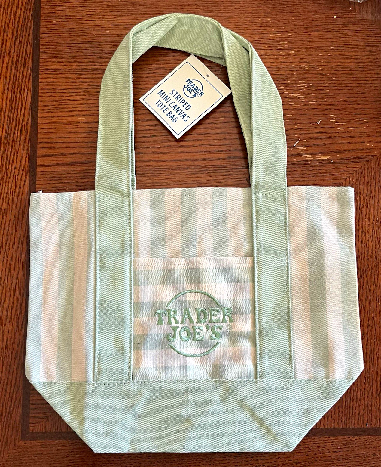 NEW. Trader Joe’s Striped Mini Canvas Reusable Tote Bag Green/White 7x6x10