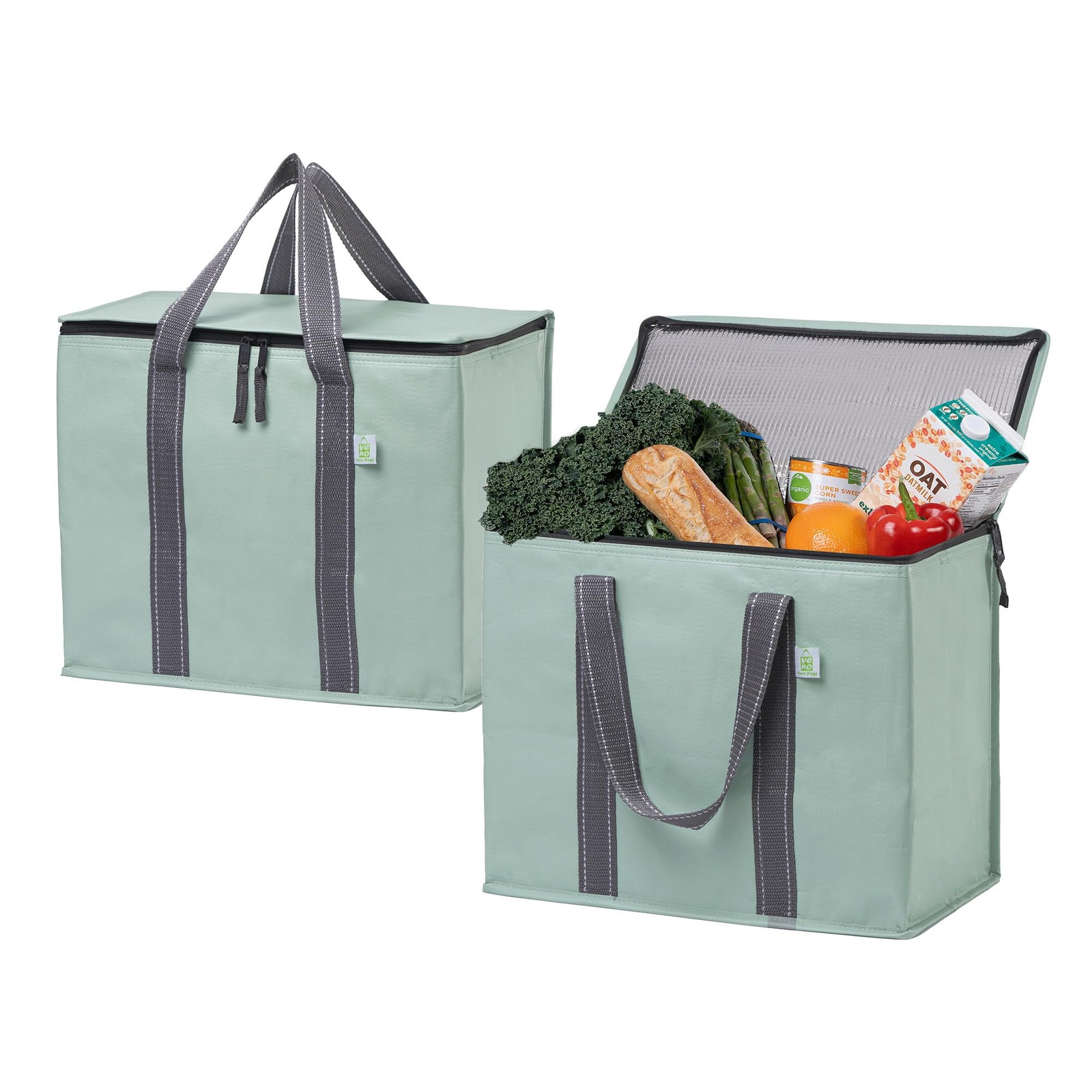 2 Pack Cooler Bag Insulated Grocery Tote Food Delivery Hard Bottom Light Green
