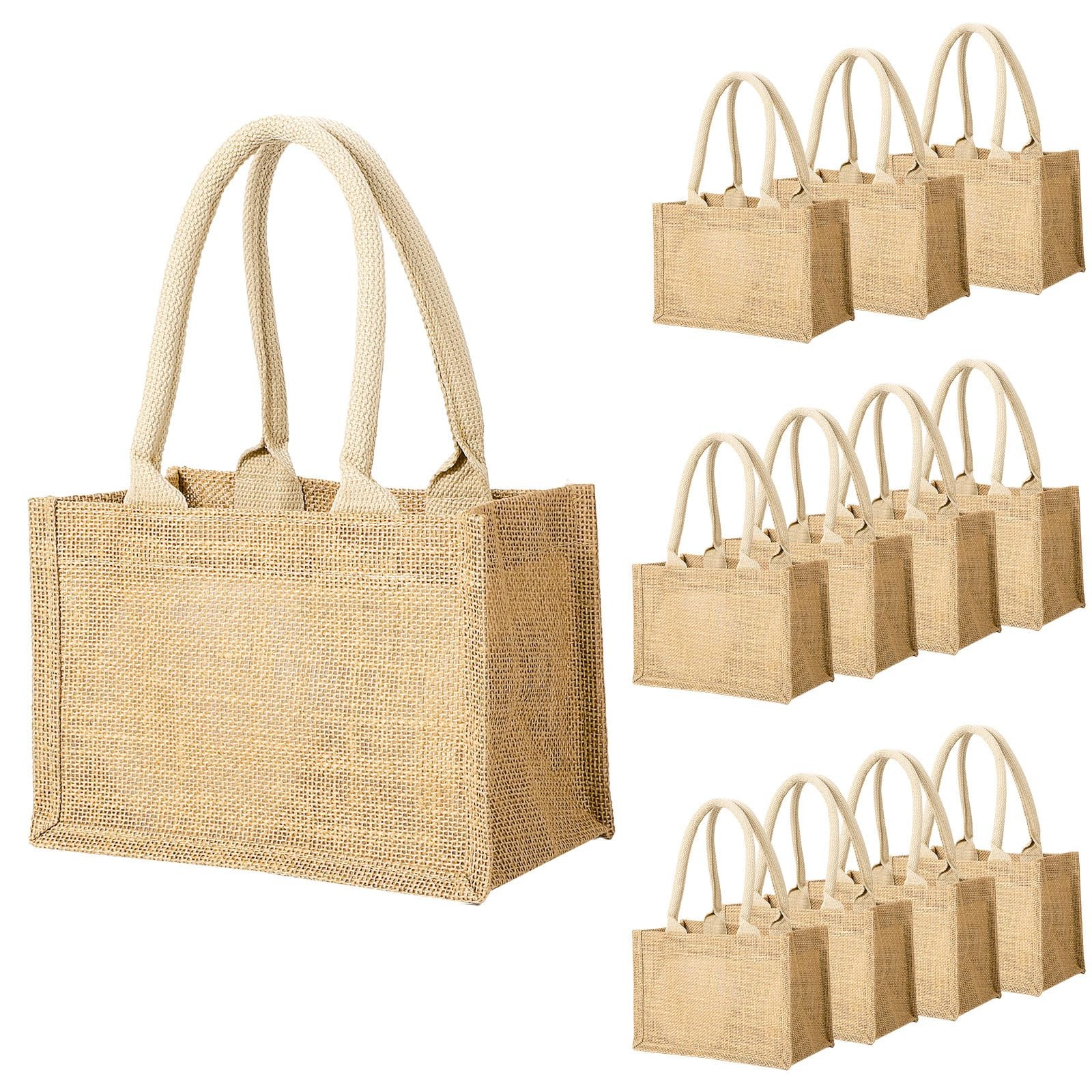 Burlap Tote Bags with Handles, 12 Pack Small Natural Jute Reusable Gift Favor…