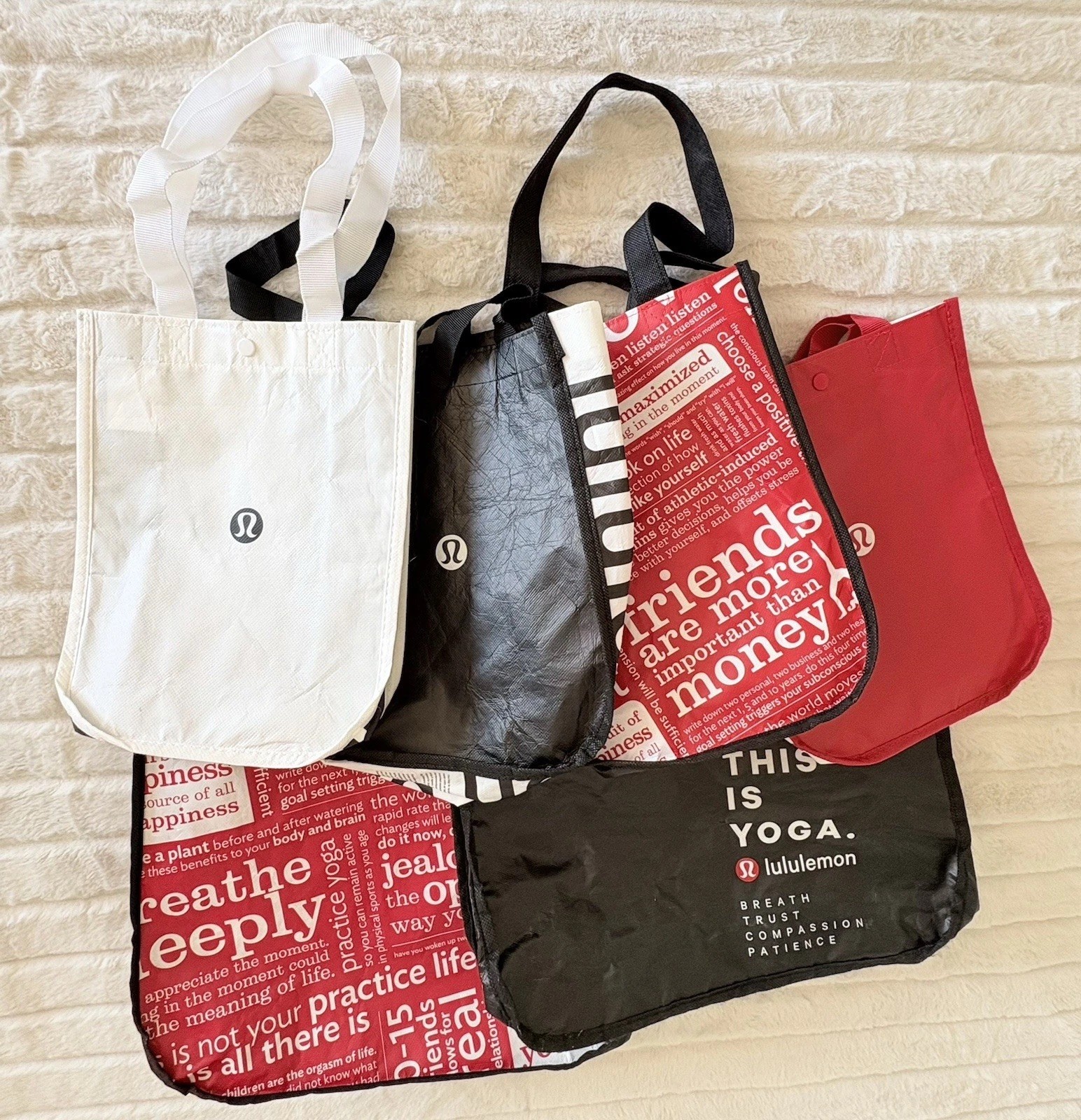 Lot of 6 Lululemon Reusable Shopping Bags Tote Manifestos Red Black White