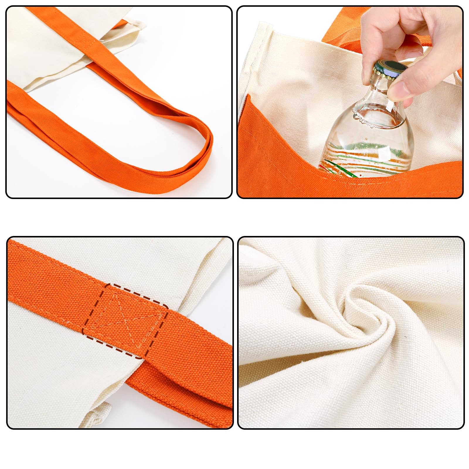 4 Pack Heavy Duty Reusable Canvas Grocery Bags with Side Pockets, Foldable Tote