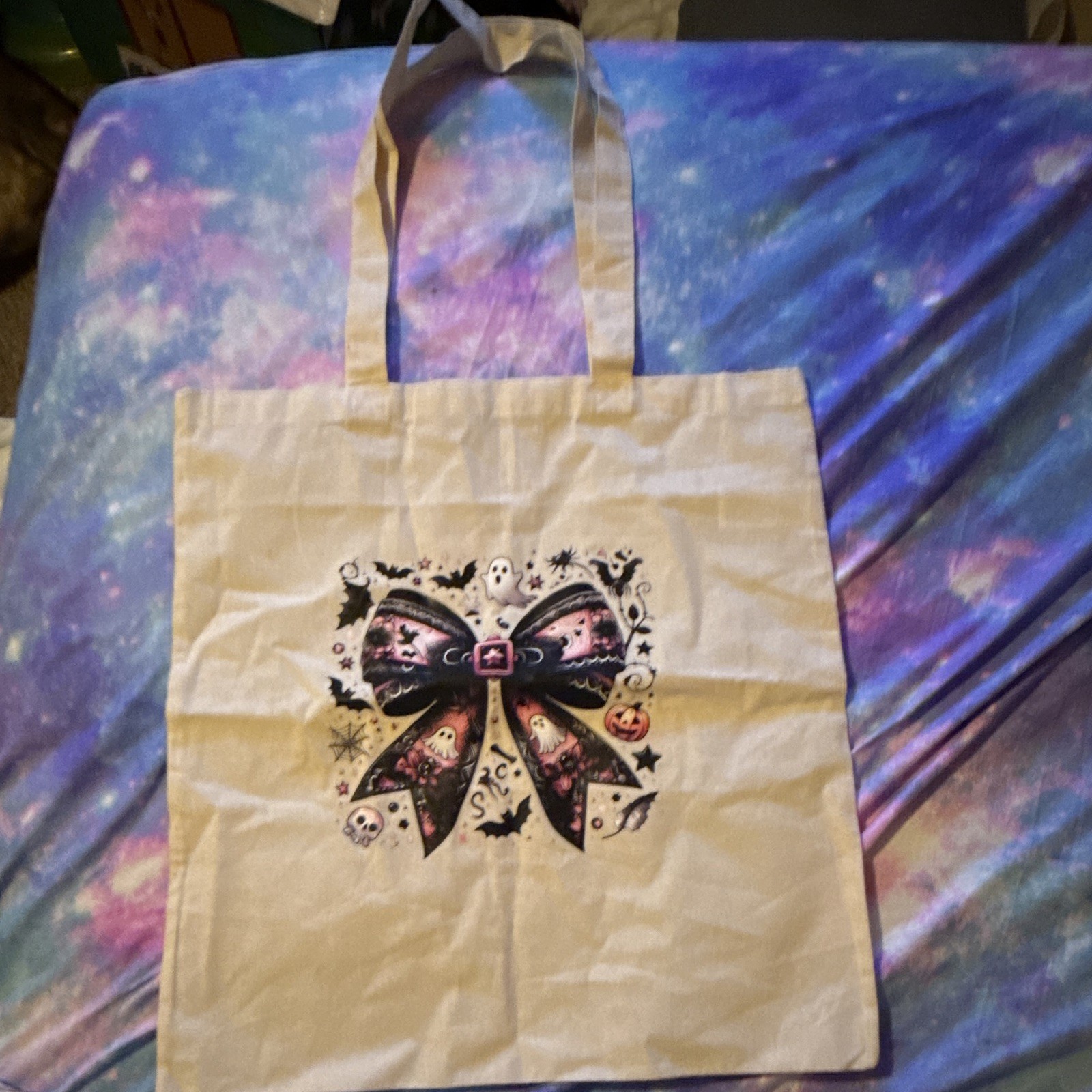 Canvas Tote Bag Beige/Black/Pink Halloween Bow Print 9x9x9 in Reusable