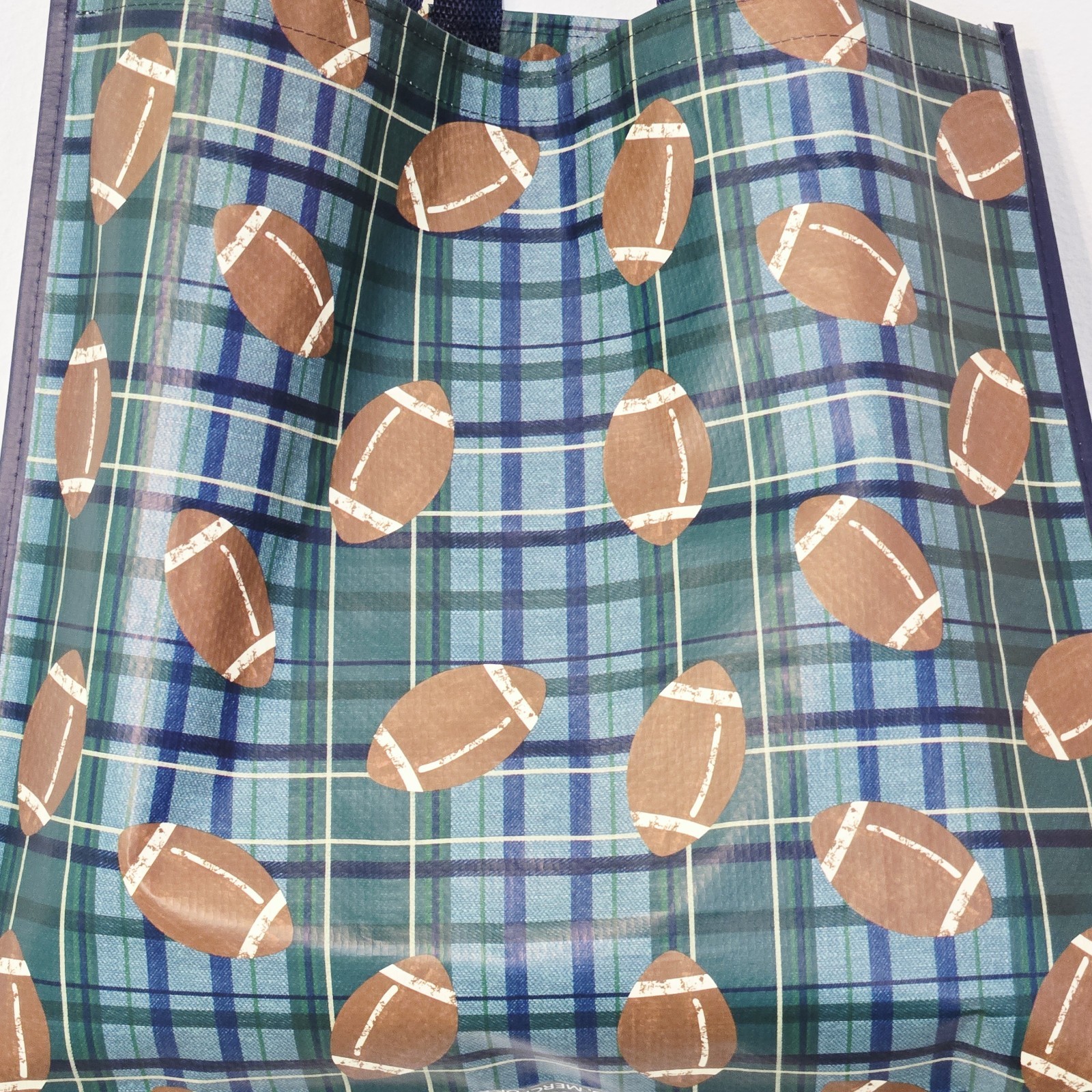 Football Sports Fall Ball Plaid Reusable Blue Green Gift Tote Bag Homegoods