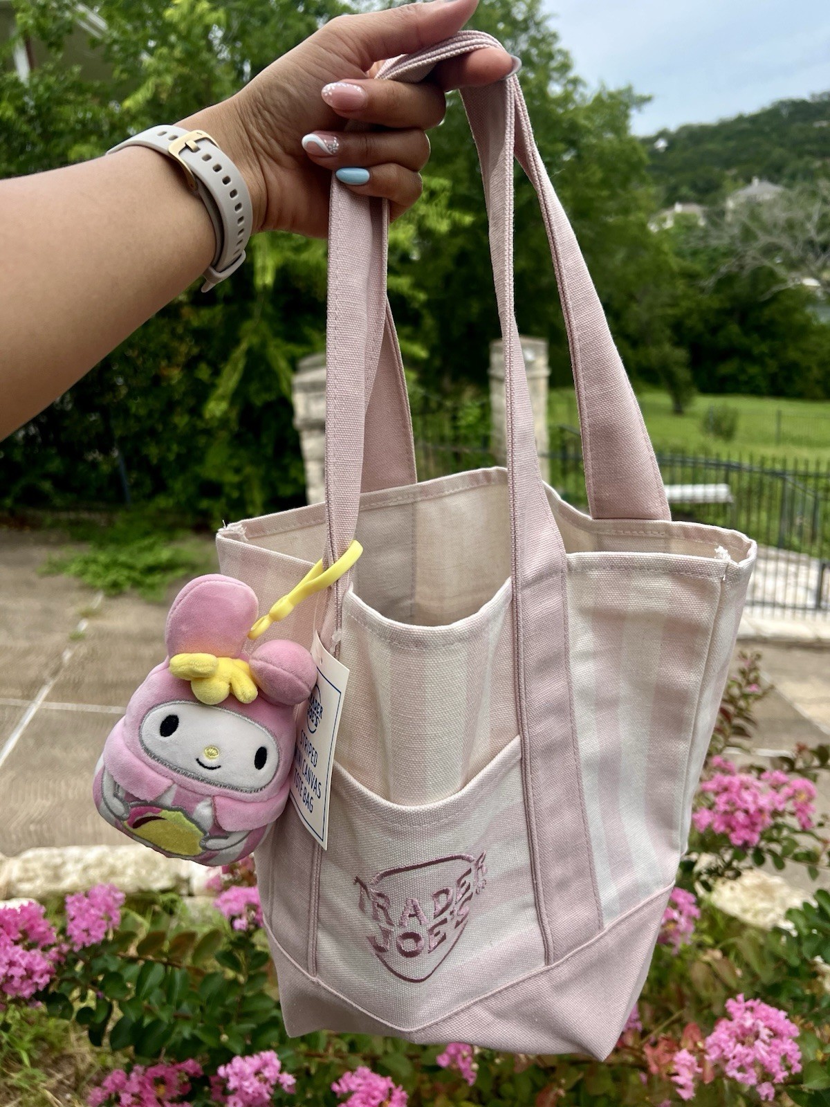 Trader Joe’s Striped Mini Canvas Reusable Tote Bag Pink/White 13/10/6”