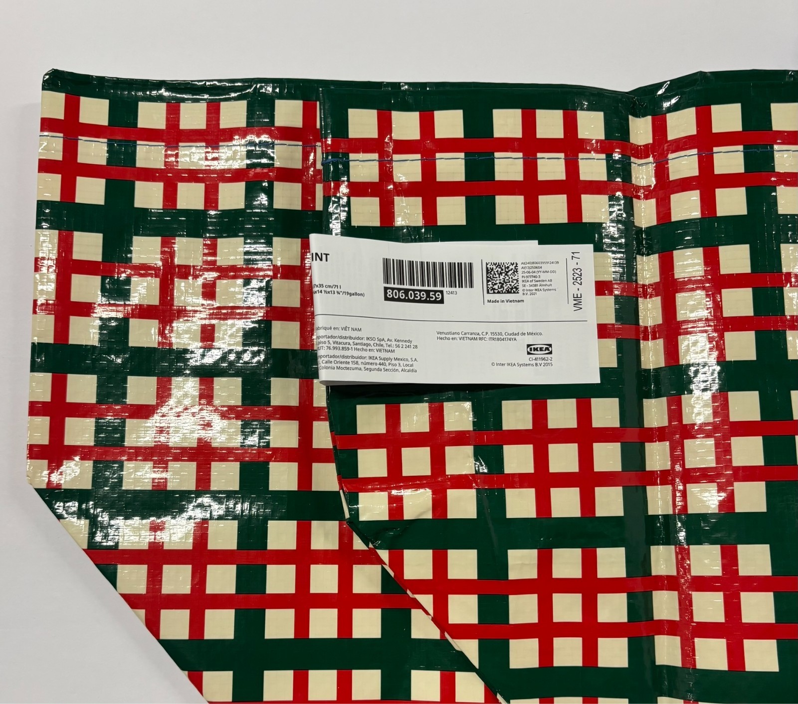NEW Ikea VINTERFINT Shopping bag Christmas large check pattern red green plaid
