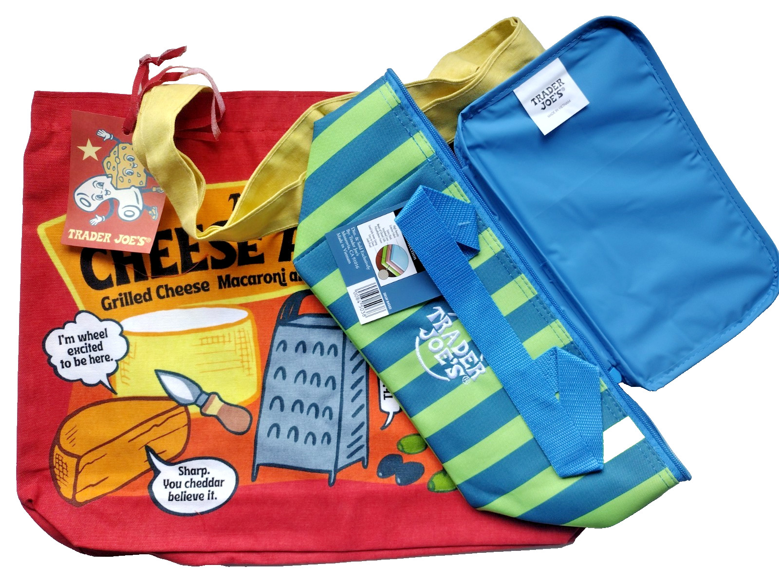 Combo Trader Joe’s Cotton Canvas Cheese Tote & Green Stipes 1.5 gal Lunch Bag