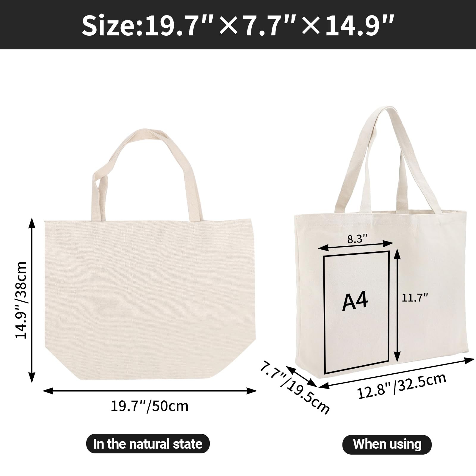 6 Large Canvas Tote Bags 20×15 in Reusable Grocery Bags Heavy Duty Blank Cloth
