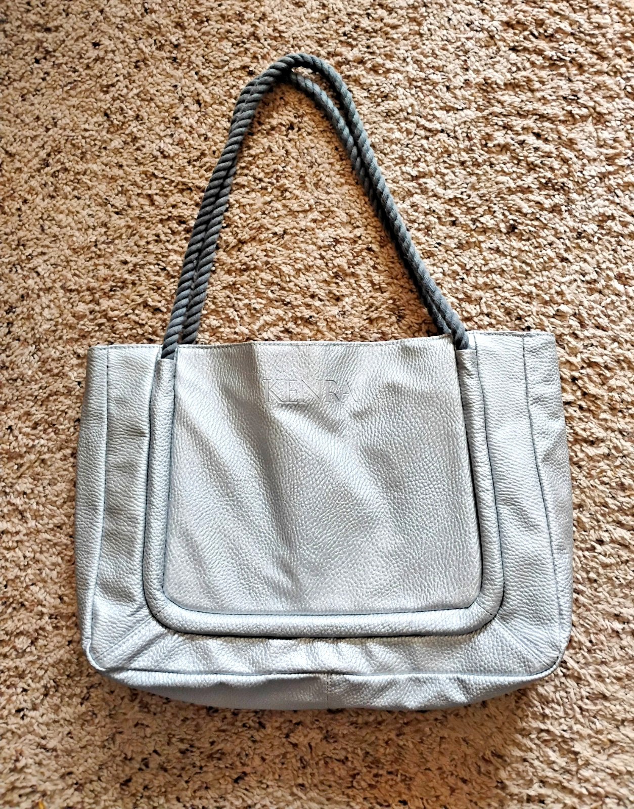 Kenra Metallic Pebbled Silver Vinyl Tote Bag Gray Rope Handles 13 x 10 x 3