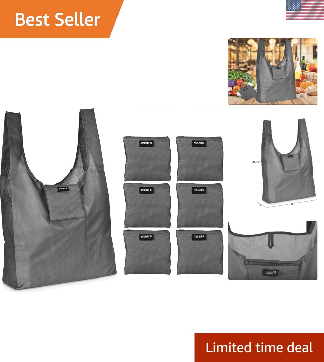 Stylish 6-Pack Large Grey Reusable Bags – Lightweight, Foldable & Practical
